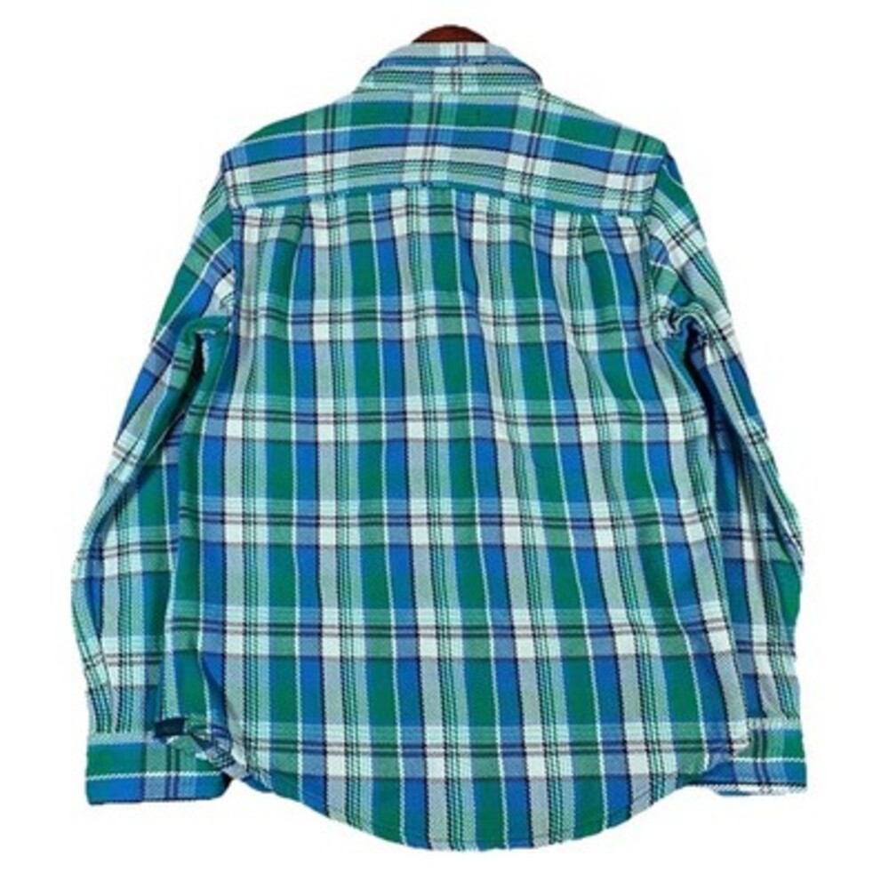Outerknown Mens M Flannel Plaid Blanket Shirt Blue Green Heavy Shacket Button Up - Picture 3 of 14